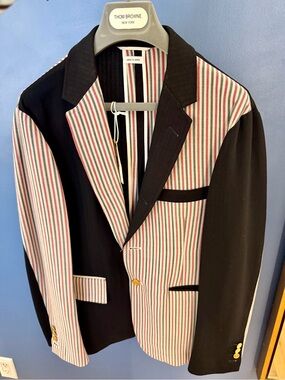Thom Browne Black Blazer with Red, White & Gray Vertical Stripes